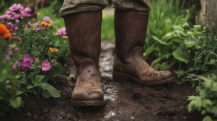 Muddy boots in a vibrant garden with blooming flowers, showcasing a close-up of well-worn footwear set against a rich, earthy backdrop of soil and plant life.