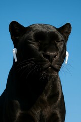 AI-Generated Black Panther Wearing Wireless Earbuds Under Clear Blue Sky – Surreal Concept Animal Portrait