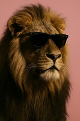 AI-Generated Cool Lion Wearing Sunglasses – Funny Surreal Animal Portrait on Pink Background

