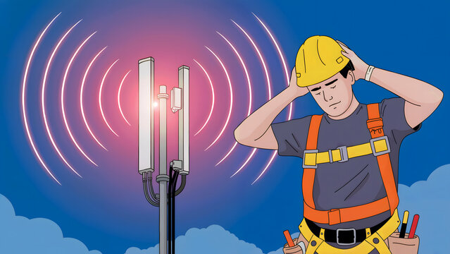 Worried Caucasian technician near a 5G cell tower emitting strong radiation, illustrating concerns about health and technology