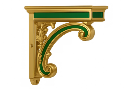 Gold ornamental bracket displaying intricate green scrollwork, highlighting delicate floral design elements for architectural styling