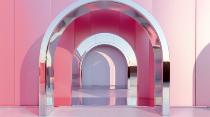 
3d illustration of abstract minimal architecture background, geometric architectural with chrome or metallic arch design 