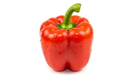 A close up shot of a vibrant red bell pepper with water droplets on its skin against a white background