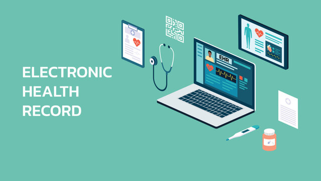 Isometric of electronic health record interface on laptop screen with surrounding medical elements like stethoscope, clipboard, QR code, and pill bottle, vector flat illustration
