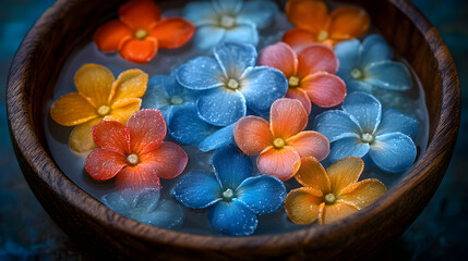 Colorful flowers floating in a dark brown bowl filled with water.