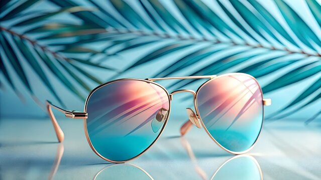 Photo of aviator sunglasses with colorful reflections of palm leaves and sky sit on a light blue surface