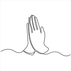 Minimalist continuous line drawing of praying hands, symbolizing faith, hope, spirituality, religion, meditation, peace, and mindfulness on white background.