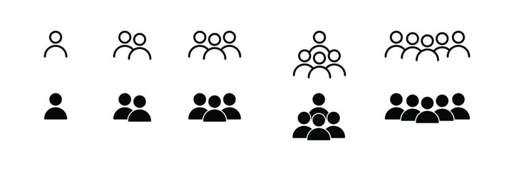Flat Vector Icons Set Representing Group Size, Business Teamwork, and Social Connection – Ideal for Demographic, Social Media, and Leadership Concepts
