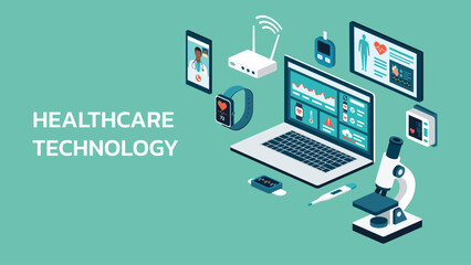 Isometric of healthcare technology interface on laptop screen with smart medical devices, wearable tracker, microscope, and thermometer, vector flat illustration