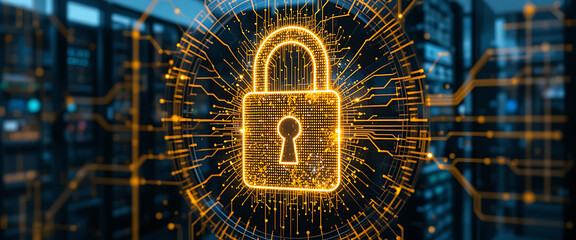 Abstract pop up cyber protection 3d digital lock which created by millions of tiny glowing particles connected by glowing lines, golden gradient blending colors, glowing blue and green lines around th