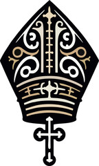 Elegant Ornamental Bishop Mitre Vector with Hanging Cross in Gold and Black