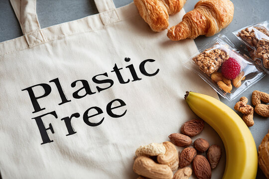 Reusable grocery bag with ironic message about plastic-free shopping displayed with food items