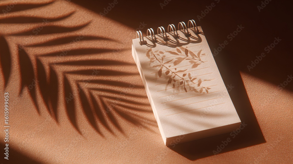 Poster a spiral-bound notepad with a delicate leaf design, illuminated by sunlight.