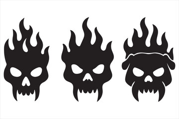 Three scary skull silhouettes with flames isolated on white background