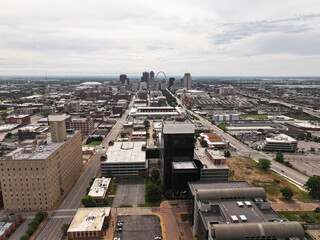 Cityscape photo from a drone of downtown St. Louis, MO city on a bright and beautiful summer day...