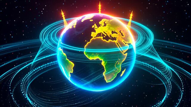 Glowing 3D Globe with Light Trails Representing Global Data Transfer &ndash; 4K Animation High-Tech Earth Animation with Blue and Green Data Lines &ndash; 4K Digital Background