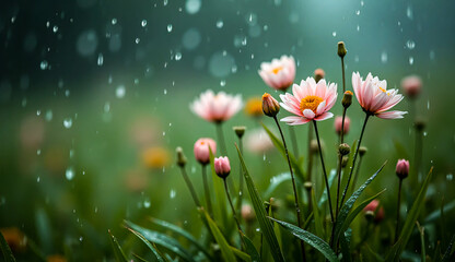 Blooming Wildflowers During Rainfall in Meadowt