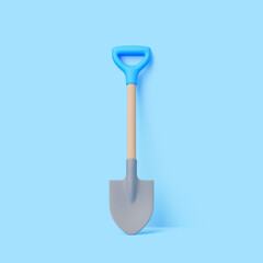 3D render of garden shovel with blue handle on pastel background