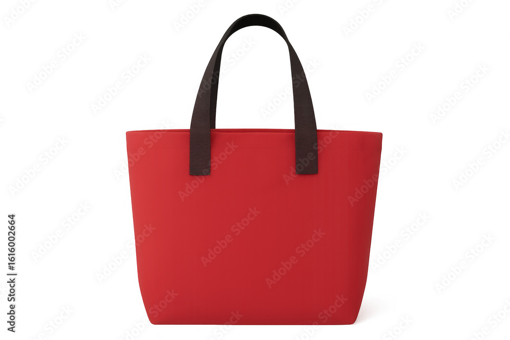 Poster red shopping bag featuring dark handles, positioned on transparent backdrop for design enhancement a
