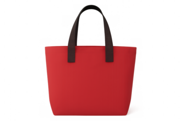 Red shopping bag featuring dark handles, positioned on transparent backdrop for design enhancement and branding purposes