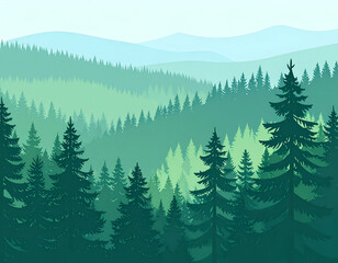 Fototapeta premium Serene Green Forest Landscape with Rolling Hills and Distant Mountains