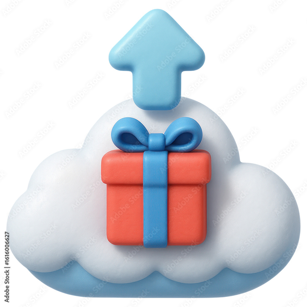 Poster Cloud Storage Concept with Gift Box and Arrow Symbol Representing Upload or Data Transfer