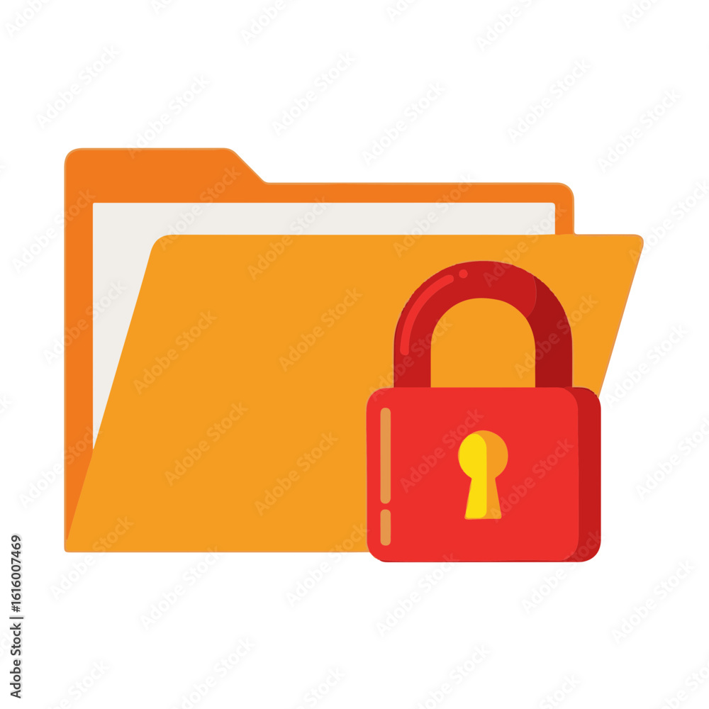 Poster orange folder with a red lock, signifying secure digital data storage.