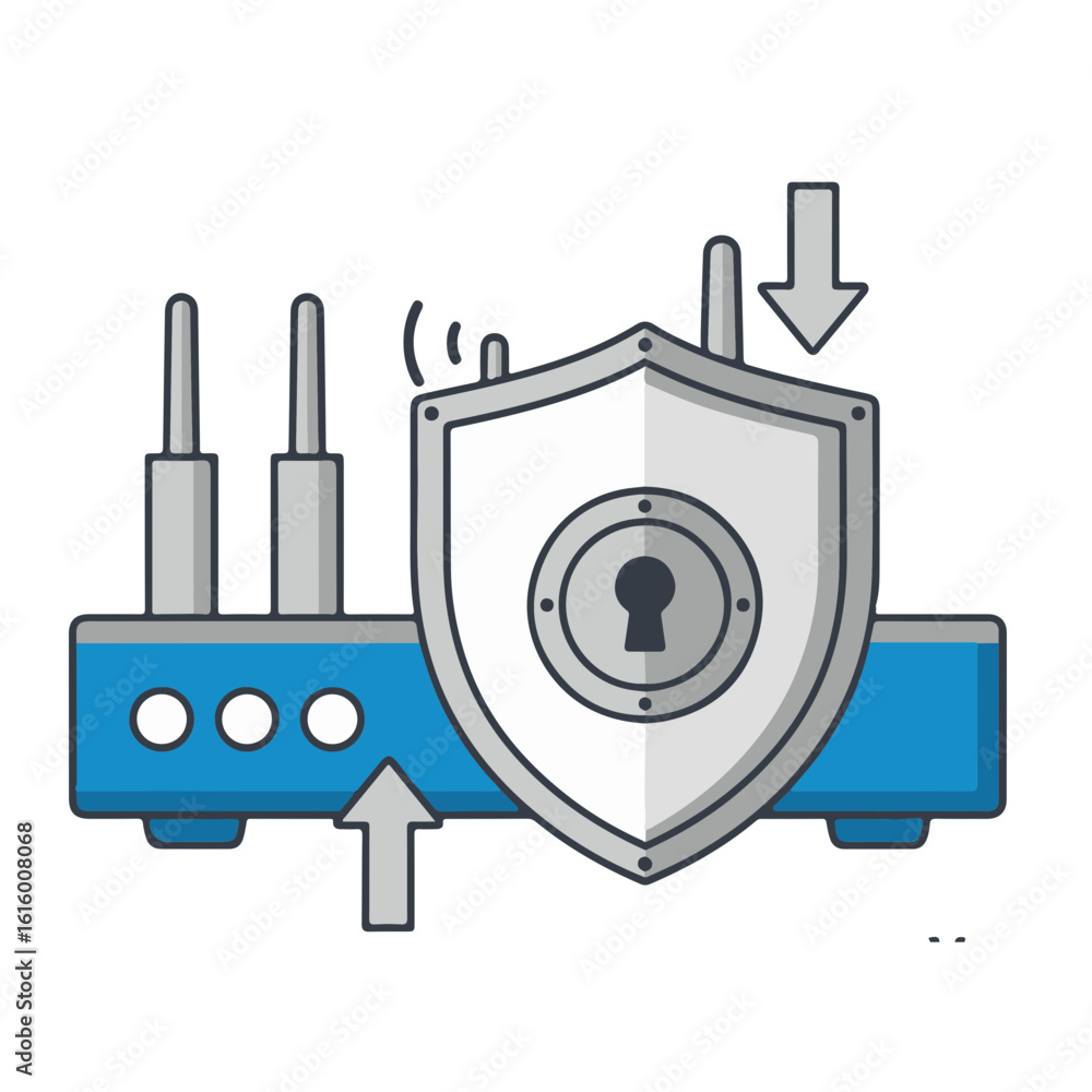 Poster secure wi-fi router protected by a shield, symbolizing internet safety and data protection.