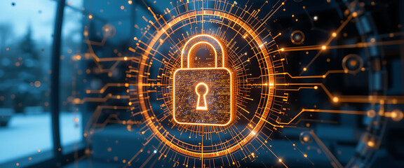 Abstract pop up cyber protection 3d digital lock which created by millions of tiny glowing particles connected by glowing lines, golden gradient blending colors, glowing blue and green lines around th