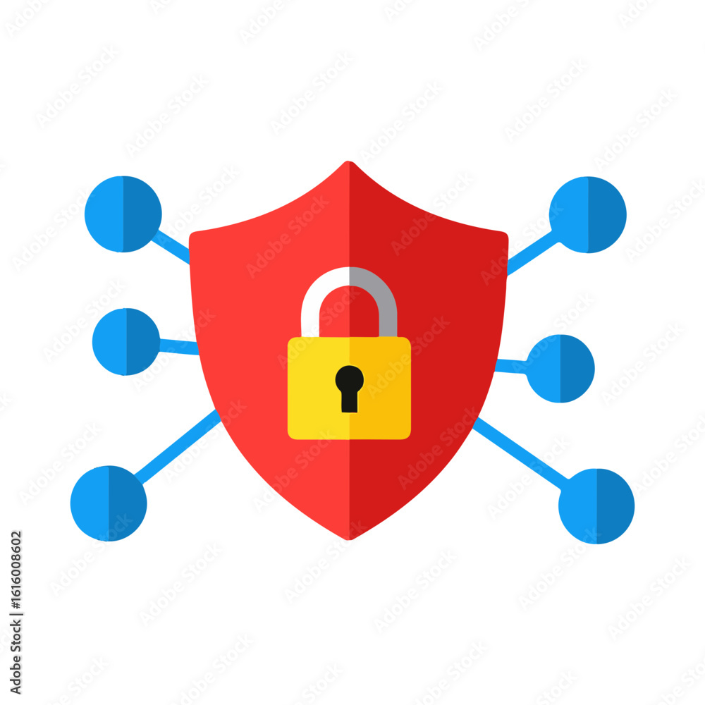 Poster a red shield with a locked padlock, signifying network security, connected to various points.