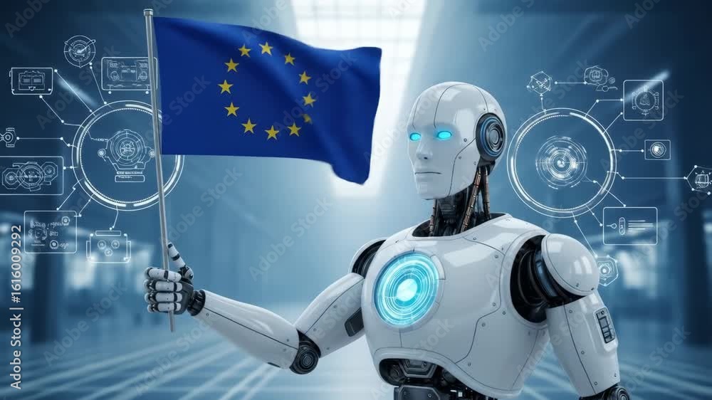 Poster robot holding european union flag with futuristic interface - a white humanoid robot holds a flag of