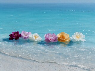 Colorful flowers floating on turquoise ocean waves