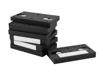 A stack of black VHS cassette tapes with blank white spine labels, and one flat tape revealing its magnetic reel, presented on a transparent studio background with negative space, iconic retro
