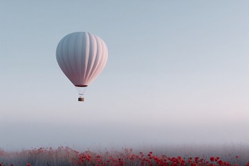 Hot air balloon floating over poppy field in soft morning light