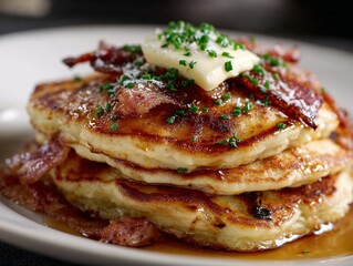 Stack of pancakes with crispy bacon and melting butter