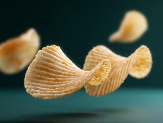 Flying ridged potato chips in mid-air on dark background