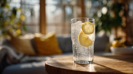 Sparkling lemon water in glass on sunny indoor table