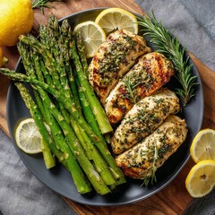 Grilled herb chicken and asparagus with lemon on black plate