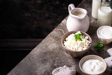 Dairy products. Milk, cottage cheese, cream, butter and yogurt