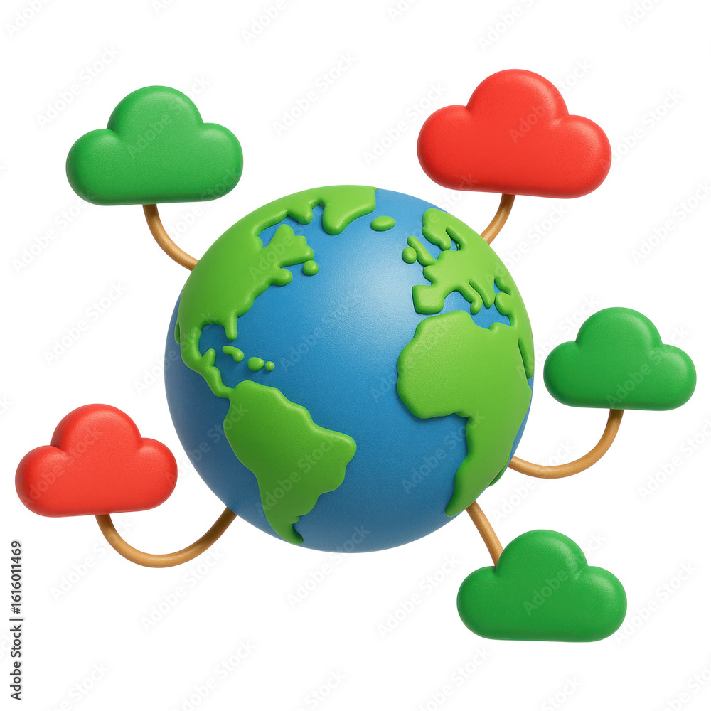 Poster a 3d globe with green continents connected to multiple red and green cloud icons representing global