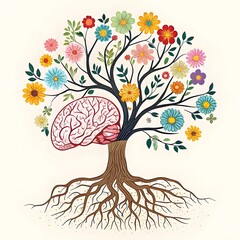  "A tree with a brain as its trunk and colorful flowers blooming from its branches, symbolizing growth and knowledge."