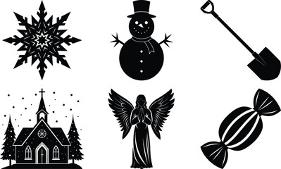 Vector art of a collection of christmas and winter icons including a snowflake, snowman, shovel, church, angel, and candy isolated on transparent background
