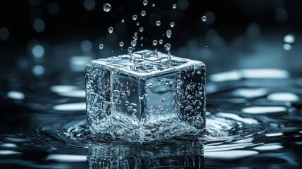 A cube puzzle is reflected in water droplets, giving the appearance that they are floatng in space.
