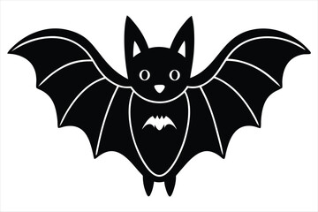 Cute cartoon bat silhouette with wings spread wide isolated on white background