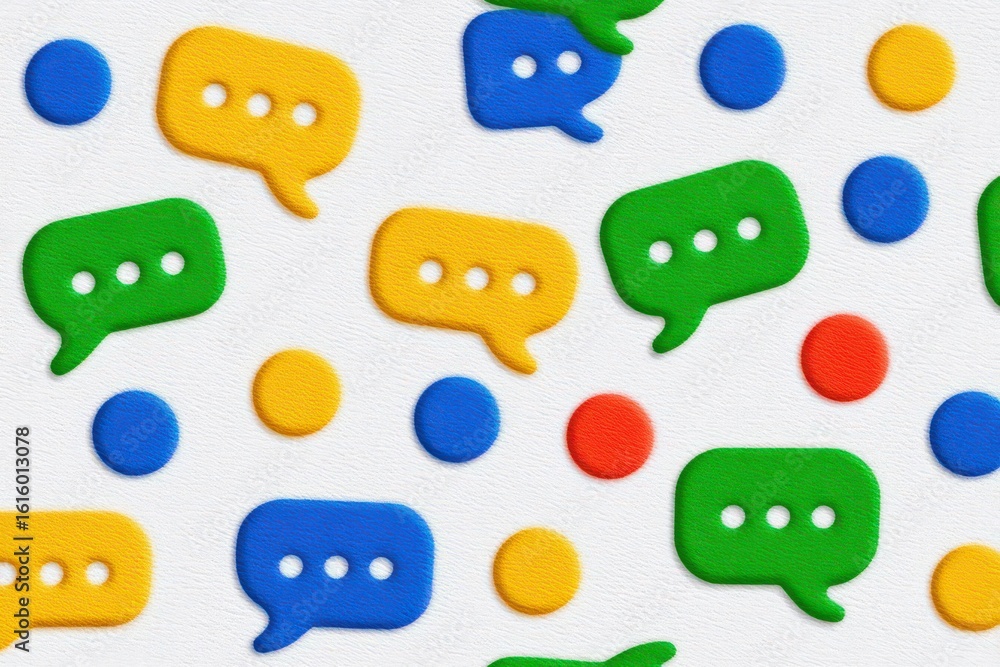 Poster polished textured backdrop featuring multicolored speech bubbles and circular accents in vibrant hue