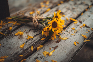 Small bundle of sunflowers tied with twine on aged wooden planks with scattered petals Generative AI