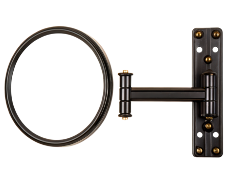 Wall-mounted round metal bracket with adjustable swing arm on a transparent background
