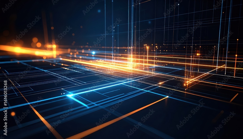 Poster abstract network grid with orange and blue lines displaying data streams