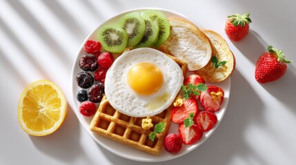 Breakfast plate with waffle, egg, toast and assorted fruits