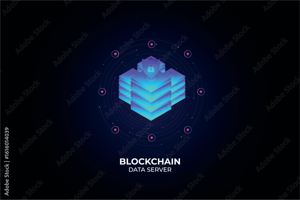 Poster digital hexagon cubes blockchain network connected. glowing isometric design for data center logo co